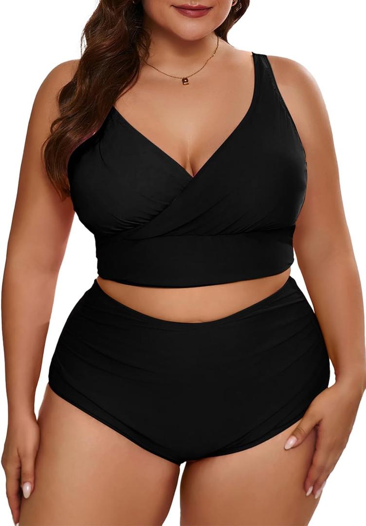 Eytino Womens Plus Size Bikini Sets High Waisted V Neck Bahting Suits Two Piece Color Block Swimsuits (4X, Black)