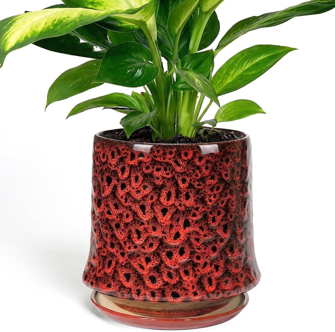 11 Inch Ceramic Planter Pot with Saucer Drainage Leak-Proof Mesh,Flower Pots for Lavender with Gardening Gloves,Ceramic Planter for Orchid(Spotted Red)