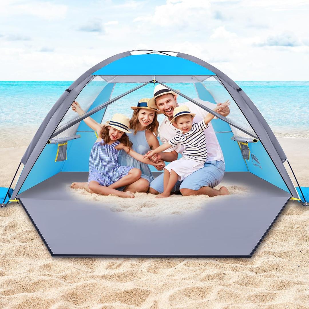 Happy Travel Beach Tent, UPF 50+ UV Protection Sun Shade Shelter for 3/4/5/6/7/8 Person, Portable Beach Canopy for Family & Baby, Lightweight & Easy Setup Beach Cabana with 3 Ventilation Mesh Windows (Sky Blue)
