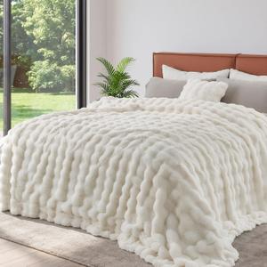 Lotus Karen Faux Fur Throw Blanket White - Big Bubble Rabbit Fluff Blanket for Couch Bed Sofa,Softest Fluffy Fuzzy Cozy Blanket,Plush Thick Furry Shaggy Warm Blankets for Women,90x90 Inches