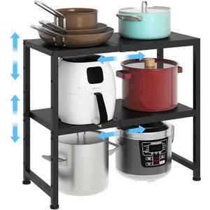 2-Tier Expandable Metal Storage Shelves,150LBS Heavy Duty Shelving Units and Storage For Small Appliance,Adjustable Pots and Pans Organizer Rack Shelf For Kitchen Under Cabinet Pantry Warehouse Garage (Black)