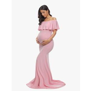 Glampunch Womens Off Shoulder Maternity Dress Ruffles Elegant Slim Gowns Fit Maxi Photography Dress L