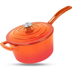 Enameled Cast Iron Sauce Pan, 2 Quarts Round Sauce Pot with Lid, Mini Dutch Oven Enamel Saucepan for Cooking Pasta Sauce, Marinate, Cook, Refrigerate and Serve, Flame Orange