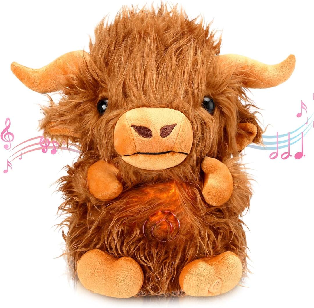 HyDren Breathing Stuffed Animal 9 inch Calming Soothers for Sleep Heartbeat Plush for Anxiety with Music Lights and Rhythmic Breathing Motion Anxiety Relief Portable Plush Sound Machine(Highland Cow)