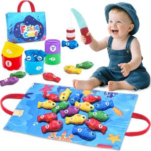 Montessori Toys for 1 Year Old, Toddler Fishing Game with Stacking Cups, Learning Educational Toys for 1 2 Year Old Boy Girl Birthday Gifts, Baby Toy 12-18 Months, Sensory Sorting Toy for Toddlers 1-3