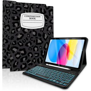 TopPerfekt for Bluetooth Keyboard iPad 10th Gen 10.9 inch (2022) case iPad (A16) 11th/ 10th Gen Case 11'' (2025) with 7-Color Backlights, Pencil Holder, Detachable, Rechargeable-noteLeopard BlackGrey