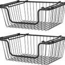 SANNO Black Stackable Wire Baskets Stacking Bins Stackable Basket for Vegetable Storage Pantry, Fridge, and Bathroom Organization, Pack of 2 