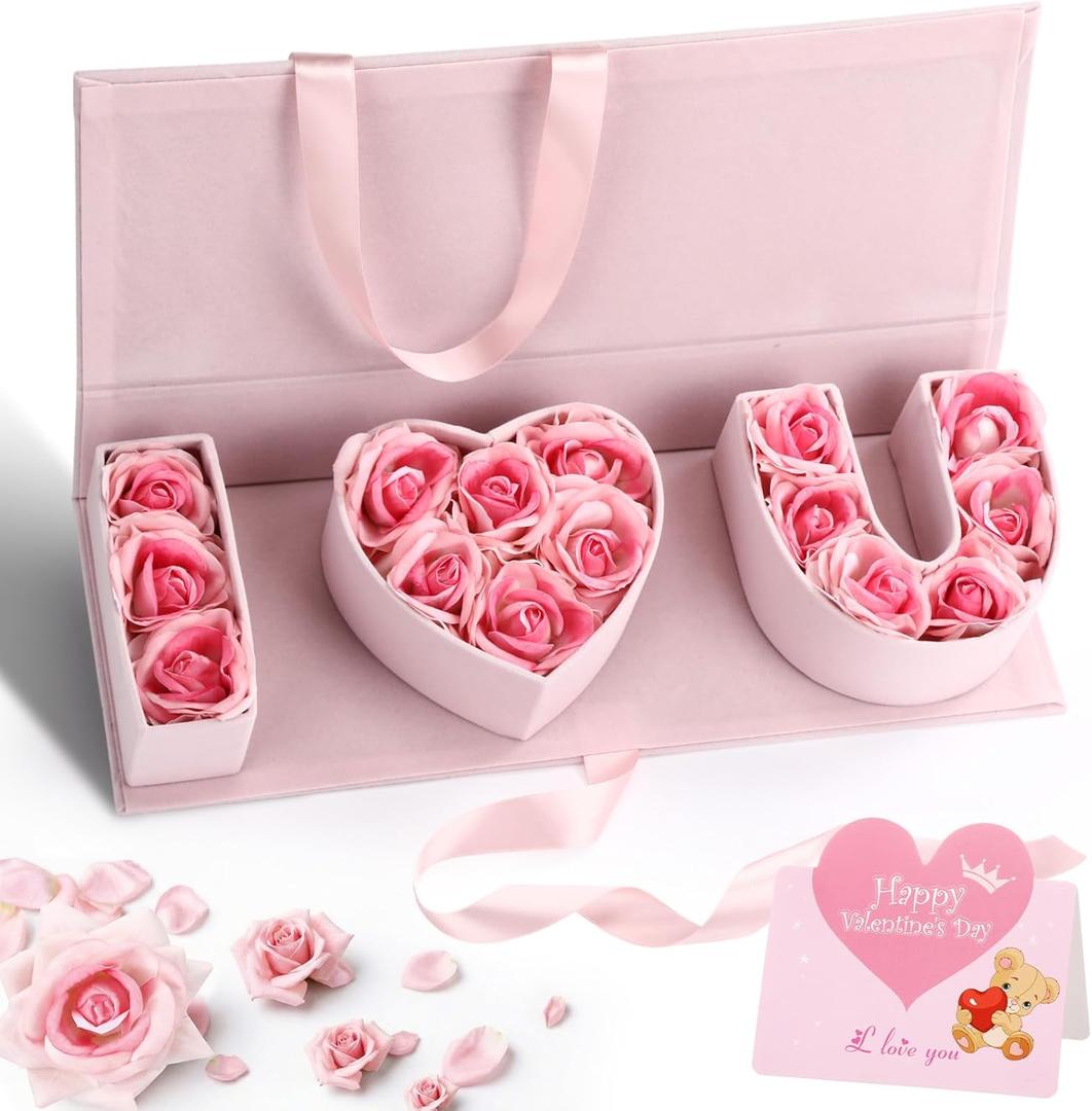 Velvet I Love You Box with 15 Artificial Pink Roses Flower and Greeting Card Pink I Heart You Empty Flower Gift Box Letter Shaped Gift Packaging for Mother's Day Wedding Birthday