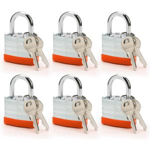 Lock Outdoor Padlocks, Laminated Orange keyed Padlock, 1-9/16 in Wide Body, Padlock Set with Keys (6Pack)