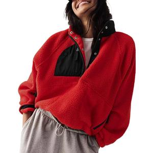 Aoang Womens Oversized Sherpa Jacket Fuzzy Fleece Teddy Coat with Pockets Colorblock (Large, Red)