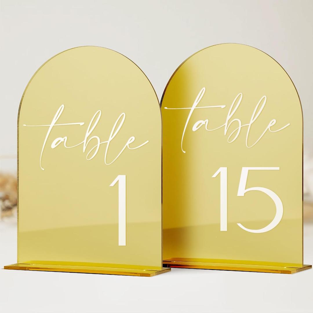 HOODO Gold Mirror Acrylic Wedding Table Numbers 1-15 with Stands, 5"x7" Arched Acrylic Sign and Holder, Gold Mirror Arch Table Numbers for Wedding Reception, Party, Anniversary, Event