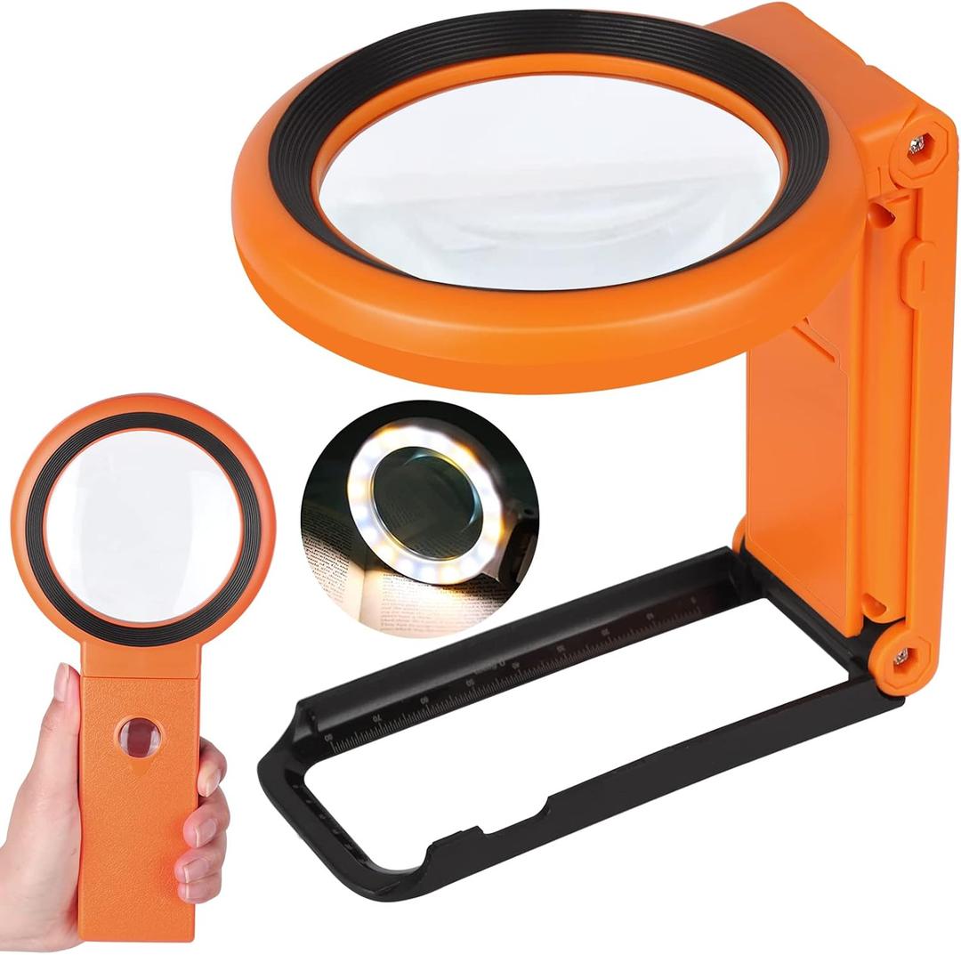 Magnifying Glass with Light and Stand, Foldable Handheld Magnifying Glass 18 LED Illuminated Lighted Magnifier for Macular Degeneration, Seniors Reading, Close Work, Coins, Jewelry Orange