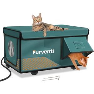 Heated Cat House for Outside with Dual Doors, Insulated Cat House Outdoor with Heating Pad, Weatherproof Heated Outdoor Cats Houses Waterrproof for Feral Cats (Deep Green, 25" L x 16" W x 13" H)
