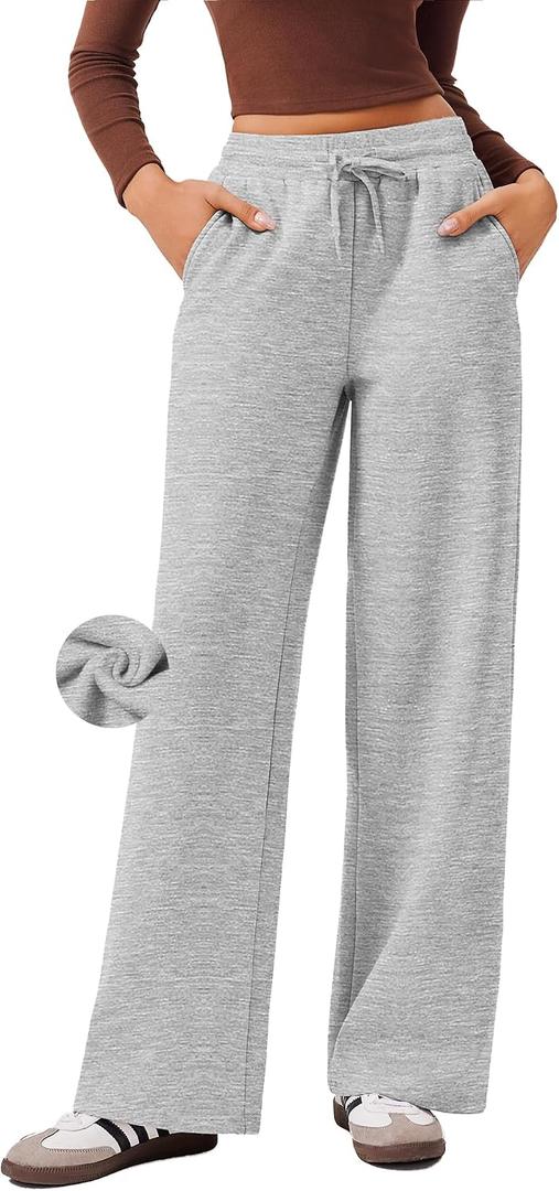 PINSPARK Womens Fleece Wide Leg Sweatpants High Waisted Athletic Sweat Pants Winter Baggy Workout Pant with 2 Pocket (Gray, S)
