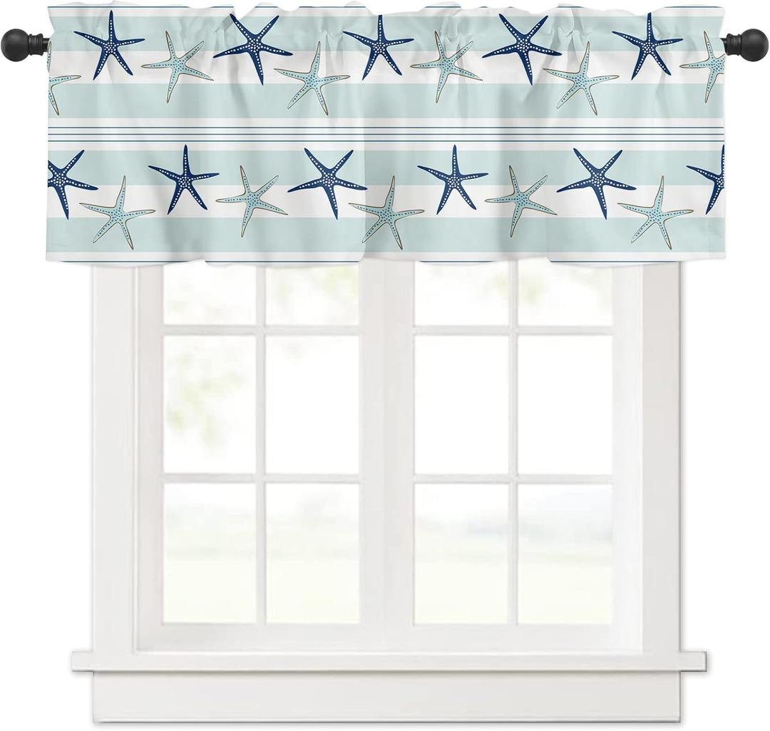 Summer Coastal Starfish Curtain Valances for Kitchen Windows Blue Nautical Beach Rod Pocket Valance Window Treatments 1 Panel Short Toppers Curtains 54x18 Inch for Bedroom Bathroom Living Room Decor