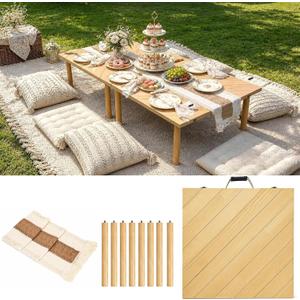 60" x 30" Low Picnic Table with 8 Wooden Legs Boho Table Runner Folding Picnic Table Portable for Indoor Outdoor Use Ideal for Backyard Picnic Beach Weddings Garden Parties (Herringbone), 60" x 30" x 16.9"