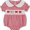 MoZiKQin Baby Girl 4th of July Outfit American Flag Embroidery Bubble Romper Plaid Smocked Jumpsuit Cute Summer Clothes (Red)