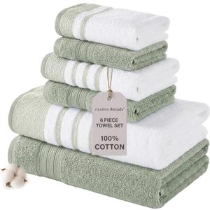 Modern Threads 6-Piece Towel Set  100% Cotton, Quick Dry, Ultra Absorbent  Includes 2 Bath, 2 Hand, 2 Washcloths (White/Reinhart Sage) (Green)