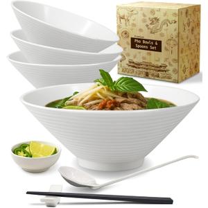 Pho Bowl Large 57oz XL Bowl Set with Pho Spoon Chopstick Stand Sauce Dish White Noodle Bowl Large Soup Bowls for Pho Asian Durable APEX S.K. Plastic Pho Bowls and Spoons Set Authentic Vietnamese Style