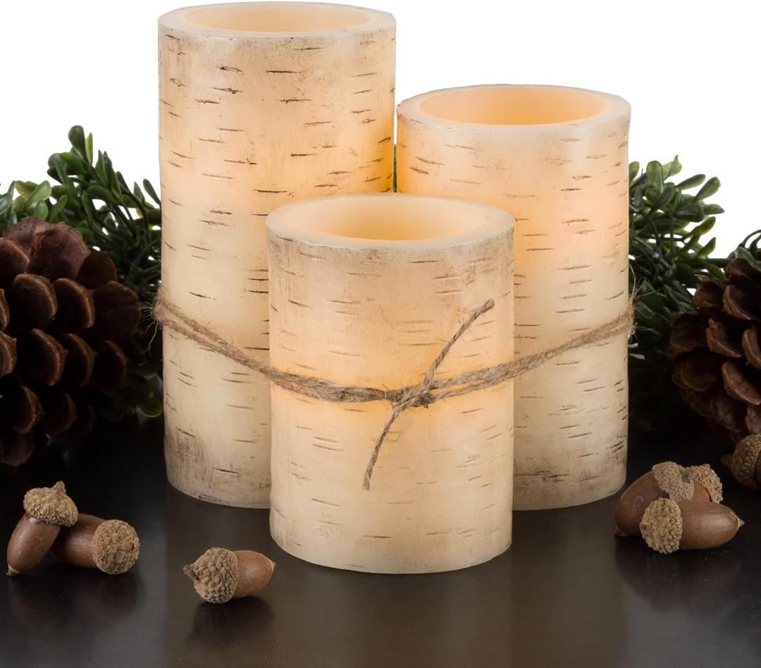 Flameless Candles - 3-Pack Faux Birch Bark Battery Operated LED Candles with Remote and Flickering Light for Home Dcor by Lavish Home