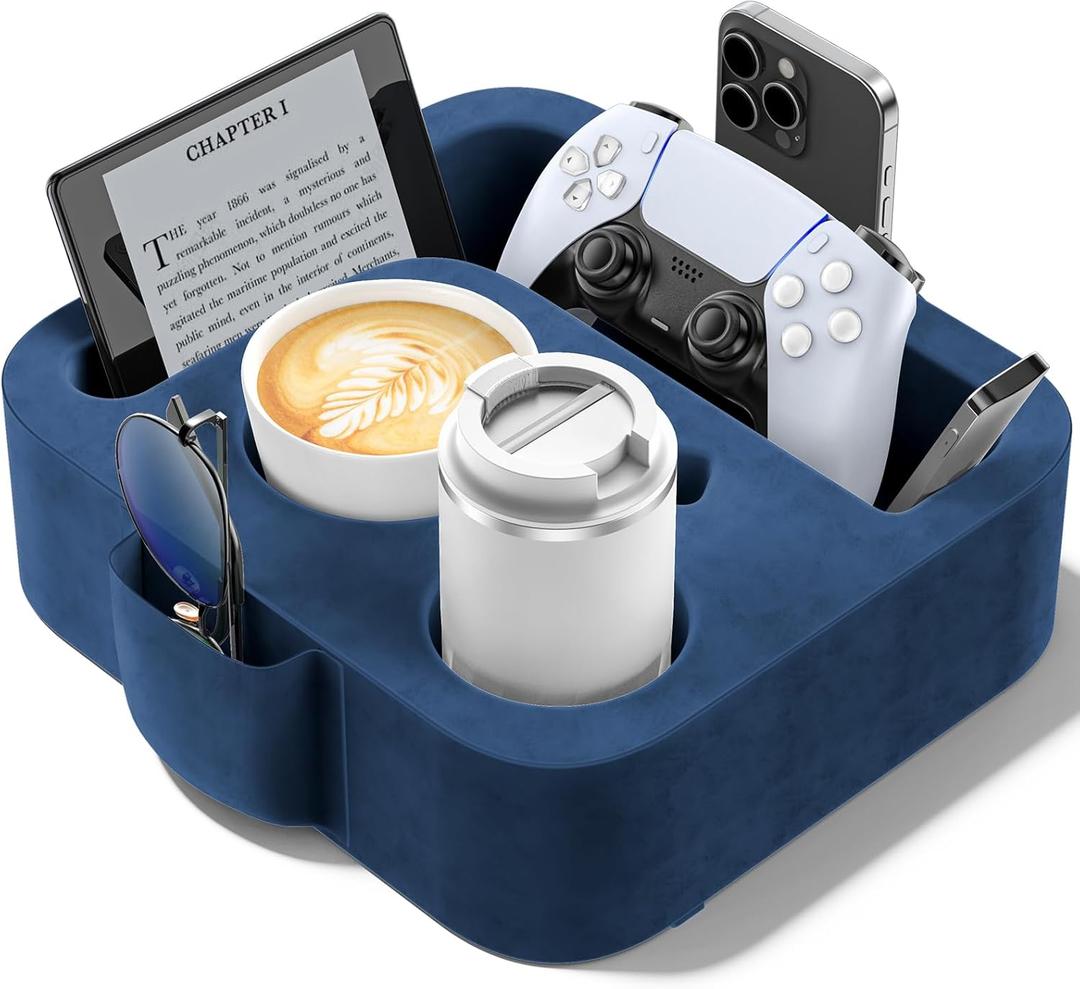Couch Cup Holder Pillow, Sofa and Bed Organizer Caddy for iPad, Kindle, Switch, Game Controller, Remotes, Phones, Small-Sized Cup & Drink Holder for Couch, Bed, Desk, Car, Beach, Desk, Blue