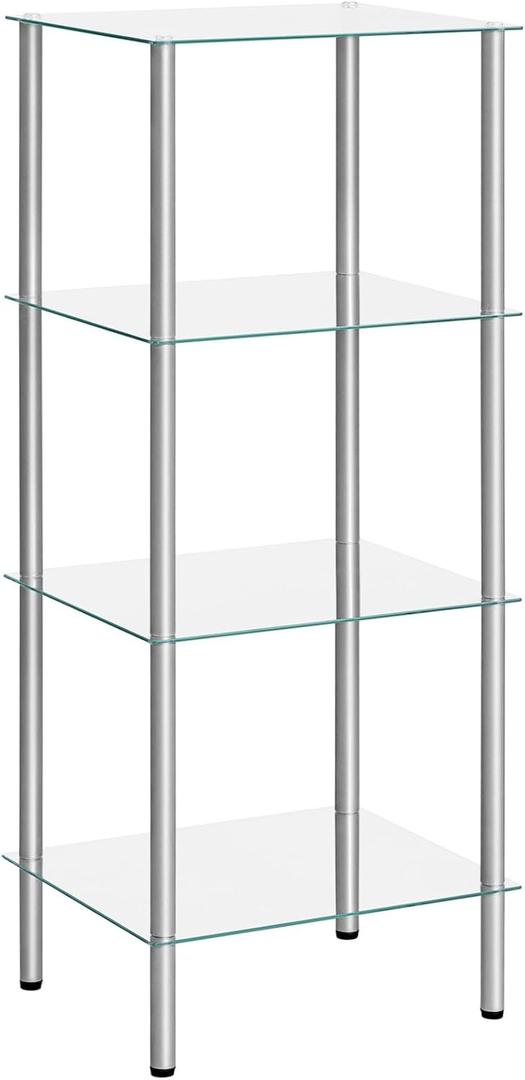 HOOBRO Glass Shelf, 4 Tier Bathroom Standing Shelf Unit, Tempered Glass Shelving Stand for Small Space, Perfume Stand Organizer, Space-Saving, for Bathroom, Bedroom, Steel Frame, Silver SV04CJ01 (15" L x 11.8" W x 41.3" H)