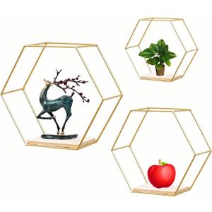 Wall Mounted Hexagon Floating Shelves, Metal Framed Gold Shelf with Wooden Wall Floor Storage Shelves, Modern Wall Decor for Living Room, Bedroom, Kitchen, Office, Set of 3 Size