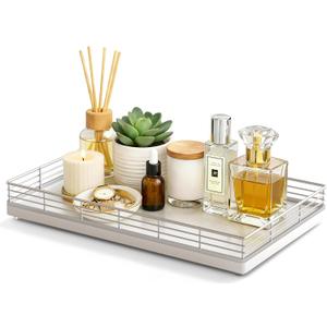 Large Bathroom Vanity Tray 13" x 8" Oak Decorative Wooden Tray for Bathroom Countertop & Vanity Organizer, Wood Tray for Perfume, Skincare & Accessories Storage, Vanity Dresser Decor Sliver & White