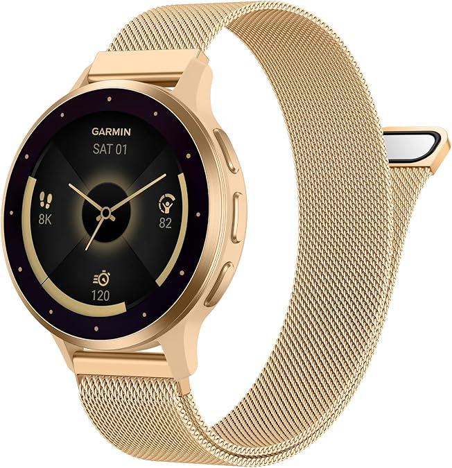 18mm Metal Band Compatible for Garmin Vivoactive 5/6/4S/3 Watch Bands, Soft Stainless Steel Mesh Strap for Garmin Venu 3S/Venu 2S/Sq Watch Band, Forerunner 55/245/255S/265S Watch Band Women Men (Rose Gold, 18mm)