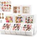 OAMCEG 30 Pack Cupcake Boxes with Window, 6x6x3 Inches White Cookie Bakery Treat Boxes with Stickers & Twine for Pastry, Desserts, Strawberries, Cupcakes, Gift Giving