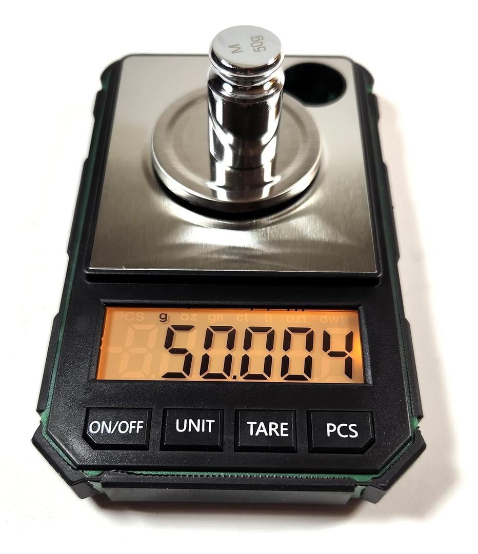 Precision Milligram Digital Scale 50g x 0.001g with 50g Calibration Weight, Reloading Scale, Jewelry, Medicine Powder, Batteries Included, Black / Green