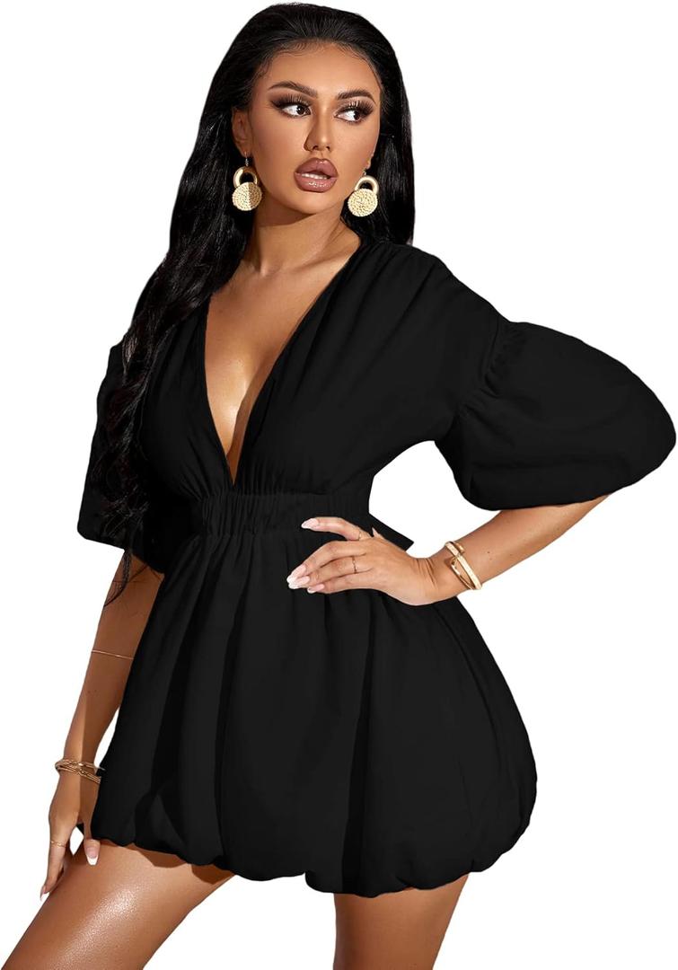 WDIRARA Women's Deep V Neck Puff Sleeve High Rise Flare Dress Elastic Waist Dress, Small