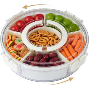 Rotating Divided Serving Tray with Lid and Handle,6-Compartment Round Snackle Box Container,Spinning Snack Box Charcuterie Container,Snack Organizer Fruit Food Platter Veggie Tray for Party Picnic