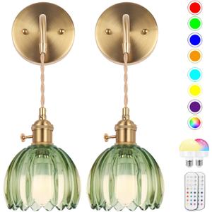 EIDEARAY Battery Operated Wall Sconce, Indoor not Hardwired Wall Sconces Deep Green Glass Lampshade with RGB Dimmable, Wall Sconces Set of Two with Remote, Vintage Wall Lamp, for Bedroom Living Room