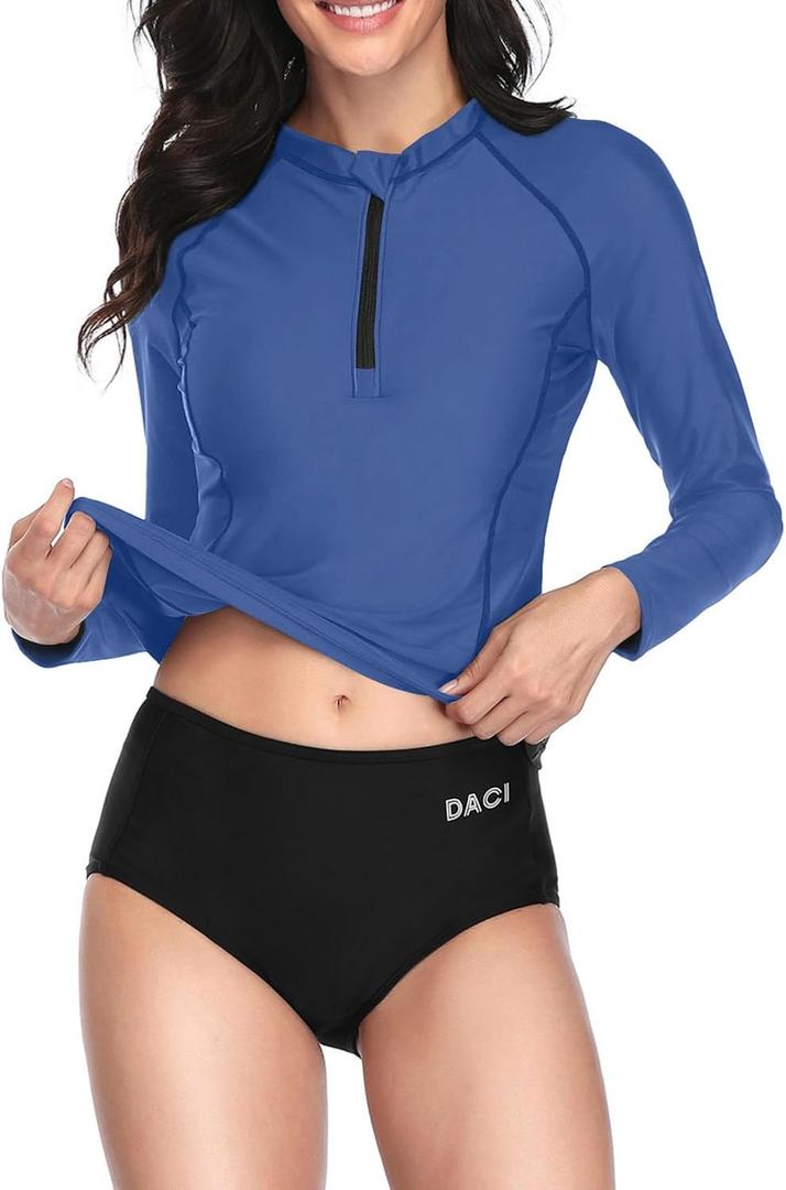 Daci Women 2 Piece Rash Guard Long Sleeve Zipper Bathing Suit with Bottom Built in Bra Swimsuit UPF 50 (XX-Large, Blue4)