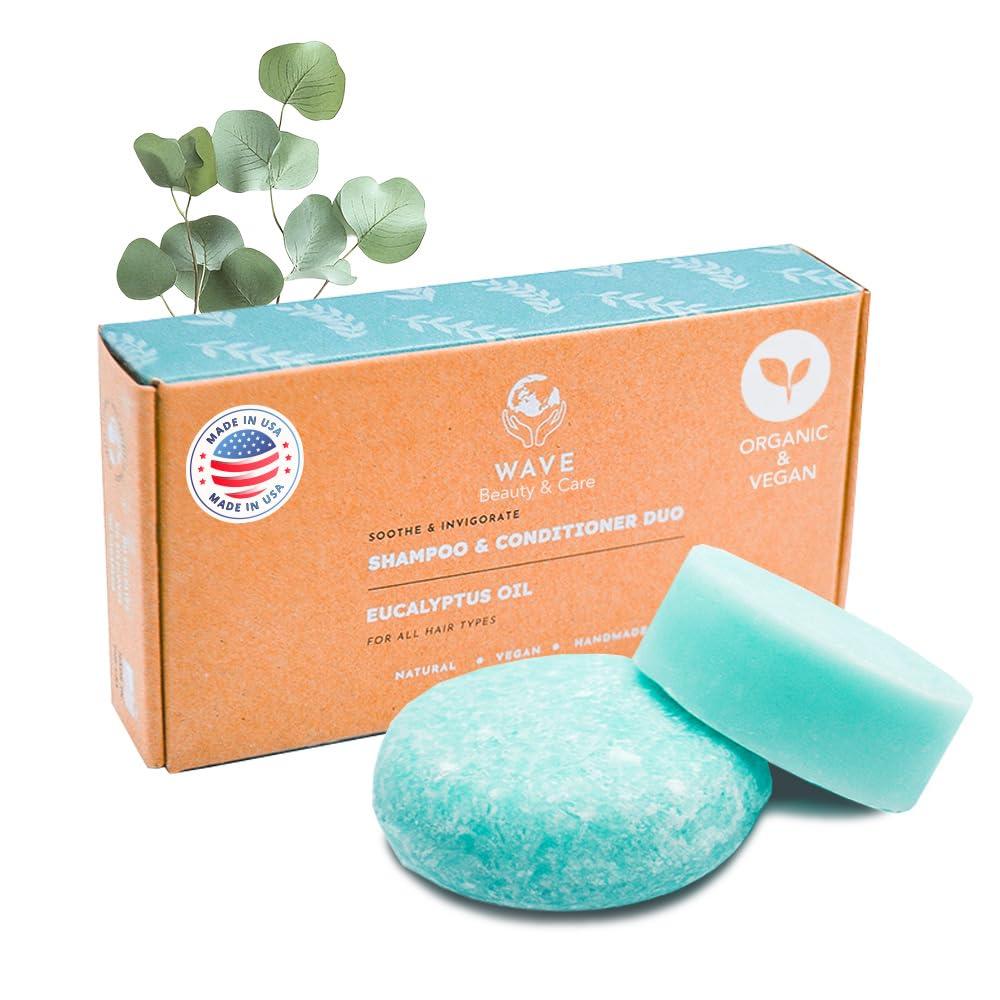 Wave Eucalyptus Oil Shampoo & Conditioner Bar Set - Natural & Organic Moisturizing Vegan Shampoo and Conditioner Bars for Women & Men - Long-Lasting (80-120 Uses)
