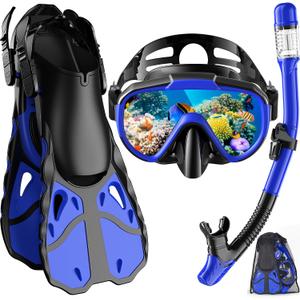Snorkel Set with Fins for Adults, Snorkeling Gear for Adults Men and Women, Snorkle, Mask Set Adults Dry Top Snorkel Mask Combo Set with Travel Bag for Snorkeling, Diving, Swimming (Blue)