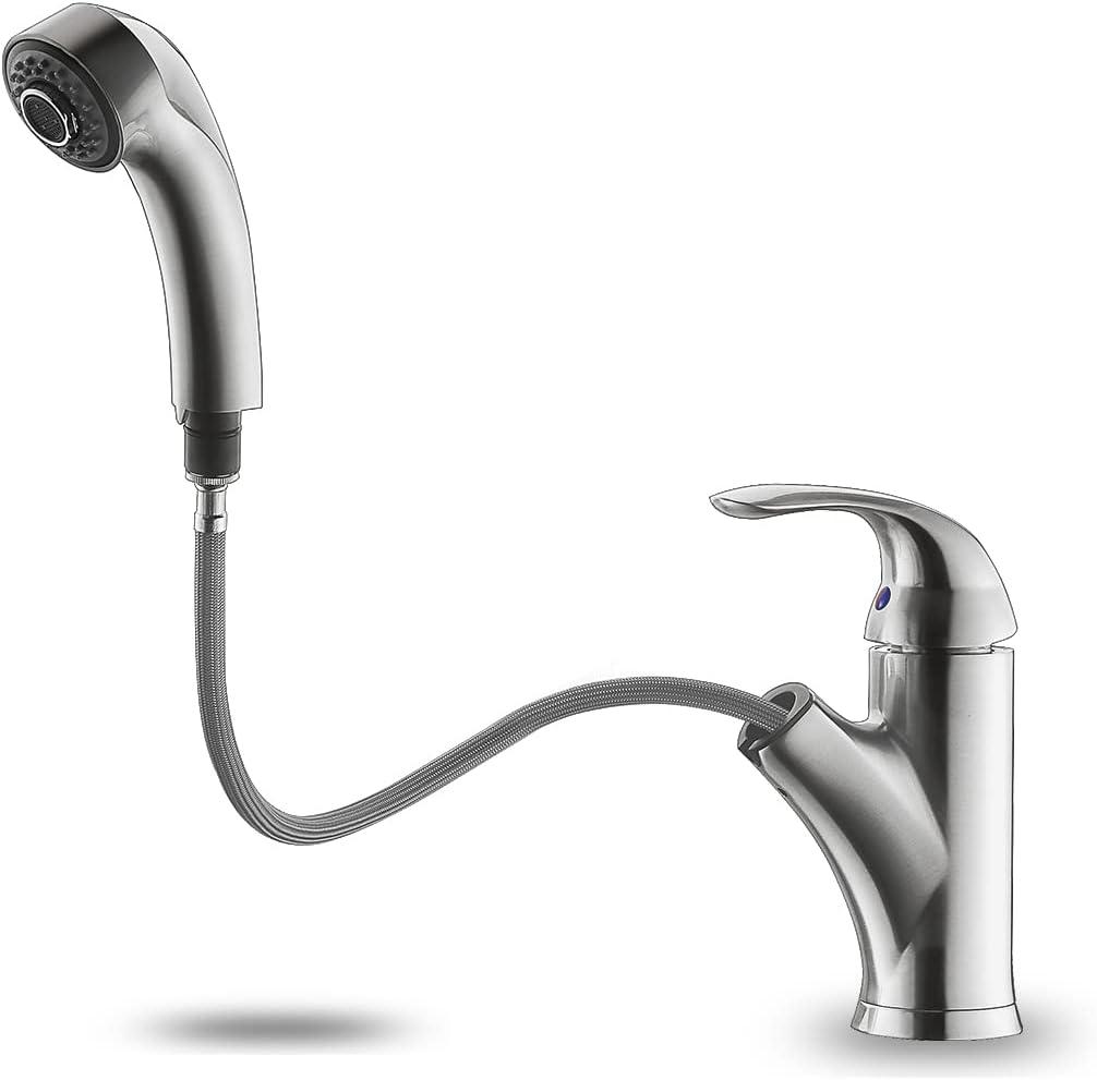 Kitchen Faucet with Sprayer, Brushed Nickel Kitchen Sink Faucet with Pull Out Sprayer, Single Handle 1 Hole Kitchen Faucets Solid Brass Commercial RV Kitchen Faucet 2 Modes & 150Rotation & No Lead