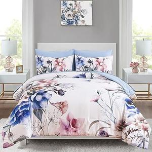 Luxudecor Floral Comforter Set Queen Size 7 Piece, Blue Flower Bed in a Bag, Elegant Floral Comforter with Sheet Set, Soft Microfiber Bedding Set for All Season (Blue, 90"x90")