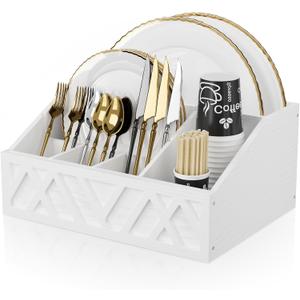 Wooden Paper Plate Caddy Organizer for Countertop, Rustic Paper Plate Dispenser and Holder, Silverware Utensil Caddy for Party with 6 Detachable Compartments for Plate, Cup, Fork, Spoon(White)