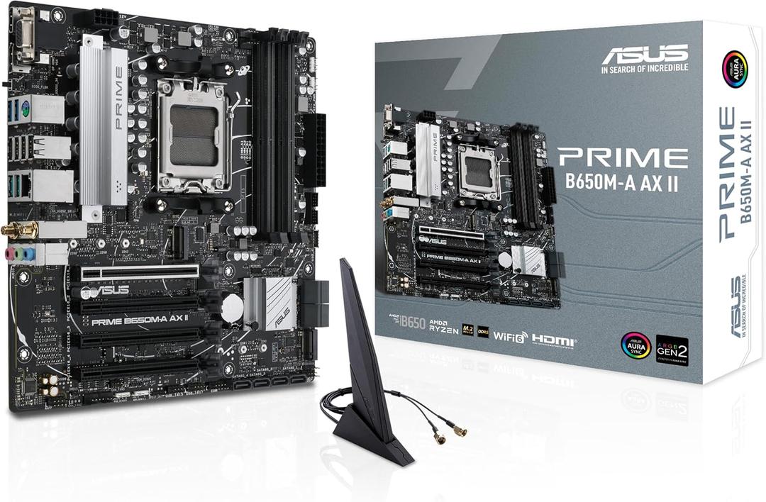ASUS Prime B650M-A AX II AMD B650 AM5 Ryzen™ Desktop 9000 8000 & 7000 Micro-ATX mATX Motherboard, DDR5, PCIe 5.0 M.2, 2.5Gb LAN, Wi-Fi 6, DisplayPort, HDMI®, USB 3.2, USB 3.2 Type-C®, BIOS Flashback™