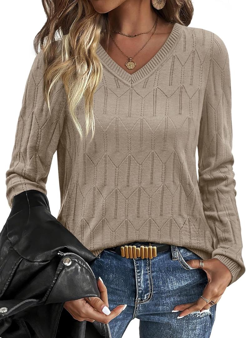 OFEEFAN Womens Sweaters Long Sleeve Shirts Fall Outfits 2025 V Neck Soft Knit Pullover Trendy Tops Dressy Casual Blouses (Small)