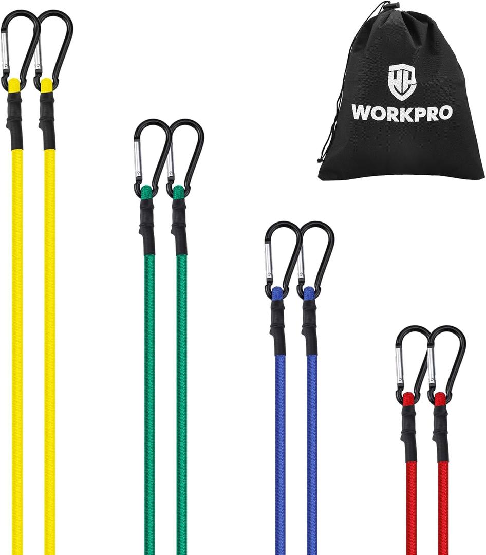 WORKPRO Bungee Cords Heavy Duty Outdoor - 8 PCS Bungee Cords with Hooks in a Storage Bag Includes 18", 24", 48", 60" Bungie Cord Bundle Assortment with Metal Hook, Bungee Straps