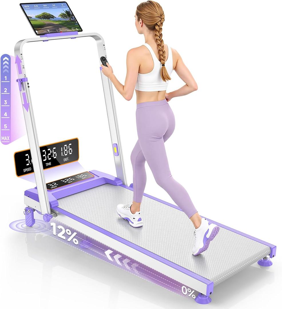 Walking Pad Treadmill with 15% Incline/Adjustable Height, Upgraded 3.5HP Walking Pad with Handle Bar, 4 in 1 Foldable Under Desk Treadmill, Electric Portable Treadmills for Home 350LBS, LED Display (purple)