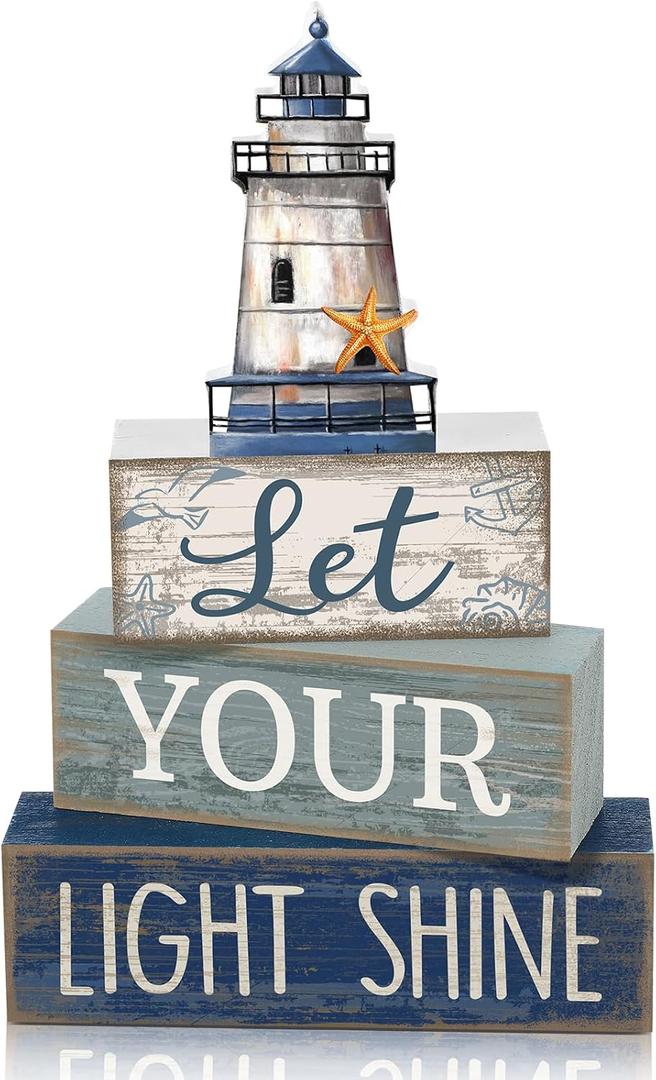 Lineshading 4 Pcs Beach Coastal Table Decor Wooden Lighthouse Decoration with Starfish Summer Tiered Tray Decor Blue and White Ocean Centerpieces Rustic Beach House Nautical Decorations for Home Shelf