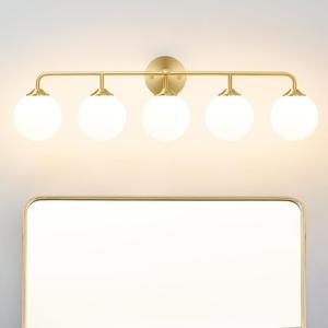 Modern Brushed Brass 5-Lights Bathroom Vanity Light, Lighting Fixtures Over Mirror with Milky White Glass Ball Shades, Wall Sconces for Bathroom Dressing Table Bedroom