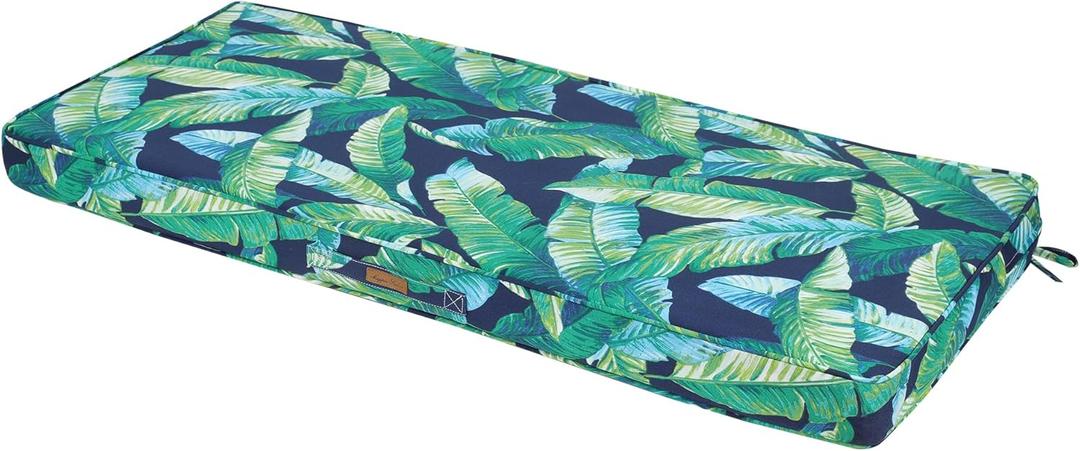 Magpie Fabrics Outdoor Bench Cushion 48 x 18 Inches, Settee Loveseat Pads with Handle and Ties for Garden Patio Backyard Porch Sofa Couch Swing (Green Lagoon Leaves)