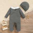 GRNSHTS Newborn Romper Coming Home Outfits Infant Girl Boy Cute Print Long Sleeve Bodysuit with Mitten, Matching Hat Jumpsuit (Gray, XS)