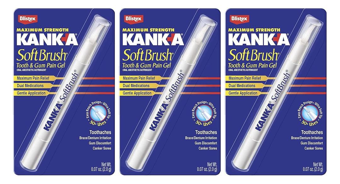 Kank-A Soft Brush Tooth Mouth Pain Gel Maximum Strength, White, 0.21 Oz, Pack of 3