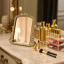 Vintage Vanity Mirror with Stand 11.8"x9.6" Gold Tabletop Makeup Mirror, Arched Decorative Mirror with Carved Engineered Wood Frame for Bedroom, Dresser, Bathroom or Desk